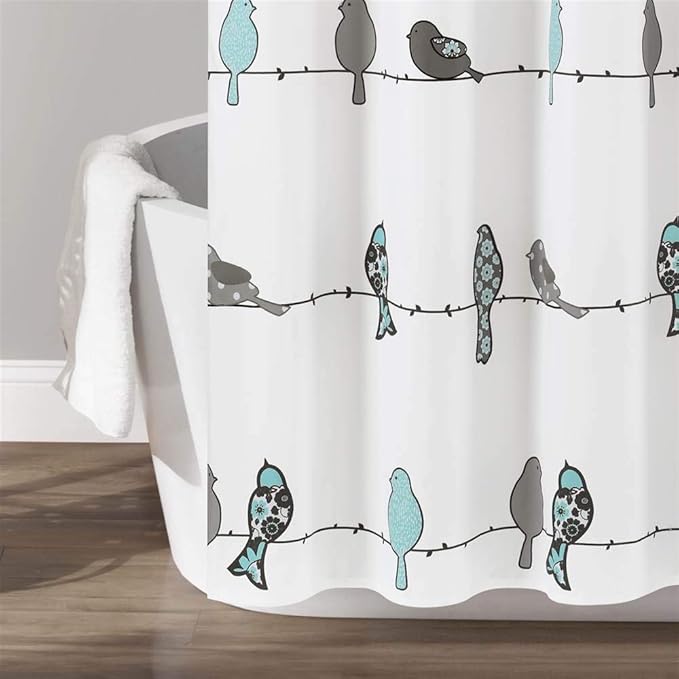 Lush Decor Rowley Birds Shower Curtain, 72” W x 72” L, Blue & Gray - Colorful Floral Bird Pattern - Whimsical & Playful Bird Shower Curtain - Farmhouse, Coastal, & Boho Bathroom Decor