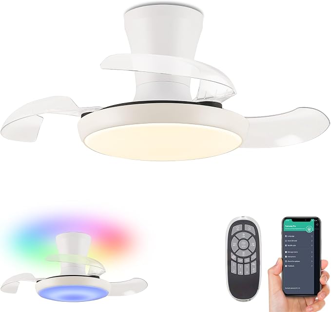 30" RGB Ceiling Fan with Light Chandelier Fan Modern Fandelier Dimmable LED 6-Speed Reversible White,Remote APP Control