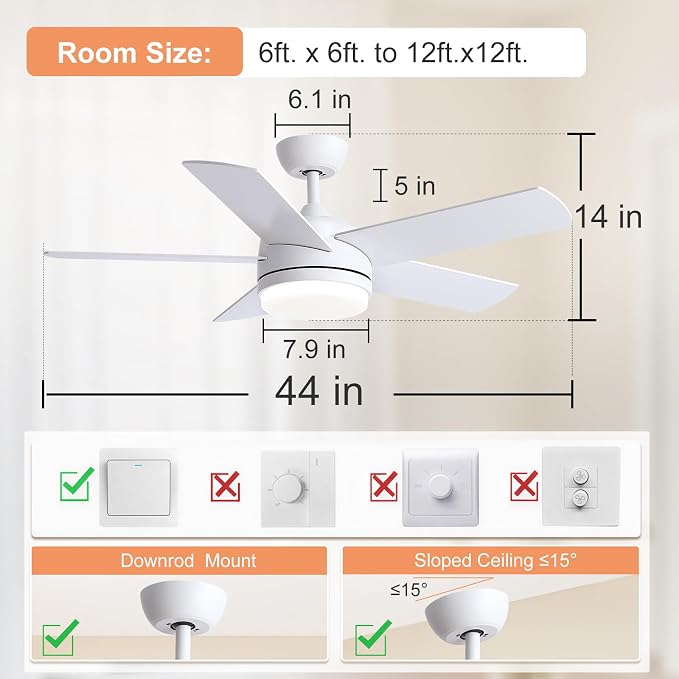YUHAO 44 Inch White Ceiling Fan with Light and Remote Control.Noiseless,Dimmable,3CCT,6 Speeds Reversible, DC Ceiling Fans for Indoor or Covered Outdoor Use.ETL Listed