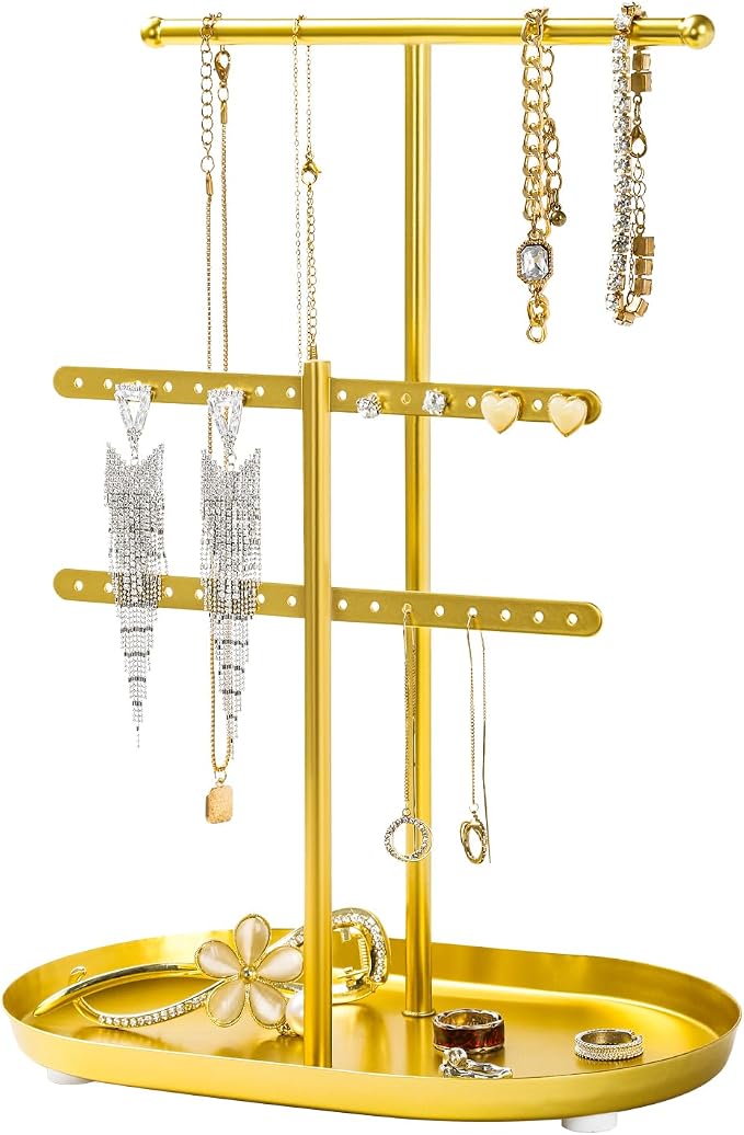 Saydear 3-Tier Jewelry Organizer Stand, Earring Holder Necklace Tree | Gold Metal Earring Rails With Top Necklace Bar, Oval Tray Base, Ideal Vanity Dresser Decor, Gift For Her