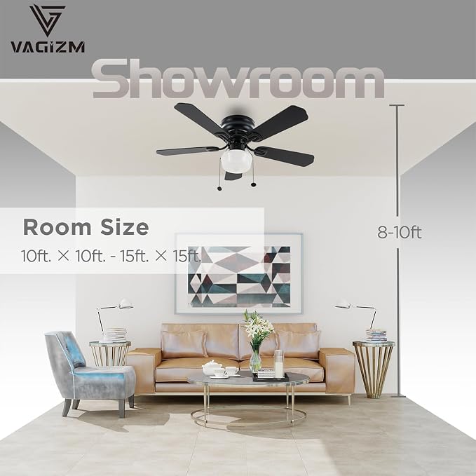 42 Inch Ceiling Fan Traditional: Flush Mount Indoor LED Ceiling Fans with Light - Pull Chain - Dual Finish Blades - Reversible Motor（Matte Black）