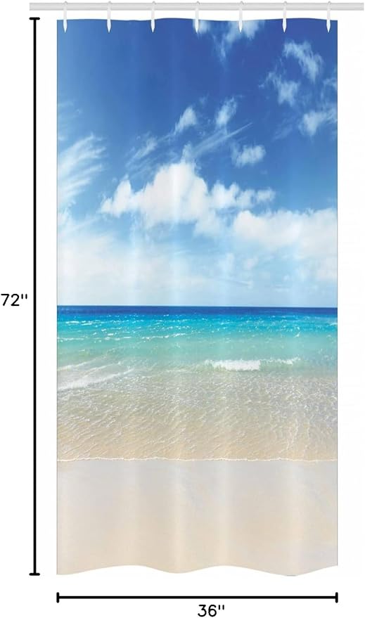 Ambesonne Ocean Stall Shower Curtain, Tropical Sandy Beach at Summer Sunny Day Holiday Vacation Theme Image Print, Fabric Bathroom Decor Set with Hooks, 36" W x 72" L, Blue Ivory