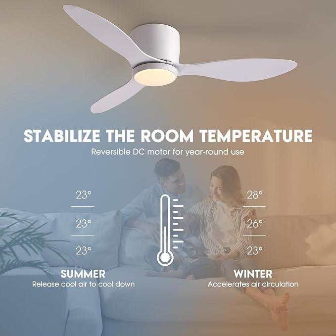 LUDOMIDE Ceiling Fans with Lights,42 Inch Low Profile Ceiling Fan with Wall Control and Remote Control,Dimmable,Flush Mount Ceiling Fan with Noiseless DC Reversible Motor for Bedroom Indoor Use