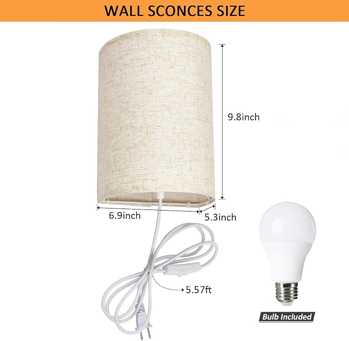 Plug in Wall Sconce, 3 Colors Wall Sconces Set of Two, Industrial Plug in Wall Light, Wall Sconce Lighting On/Off Switch Vintage Wall Lamp for Bedroom Living Room Hallway Porch