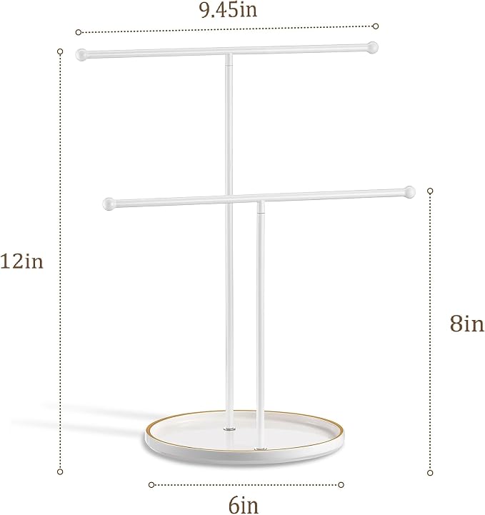 Jewelry Stand with Ceramic Tray, Necklace Holder, White Bar White Base | Ceramic Base, Gift for Women & Girls, Hanging Necklace Organizer Tree, Earrings, Bracelets, Rings, small