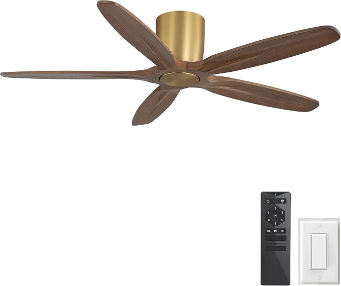 WINGBO 54" Flush Mount Ceiling Fan No Light - 5 Carved Solid Wood Blades, 6-Speed Reversible DC Motor, Dimmable, 3CCT, Low Profile Ceiling Fans without Lights for Bedroom Living Room, Gold and Walnut