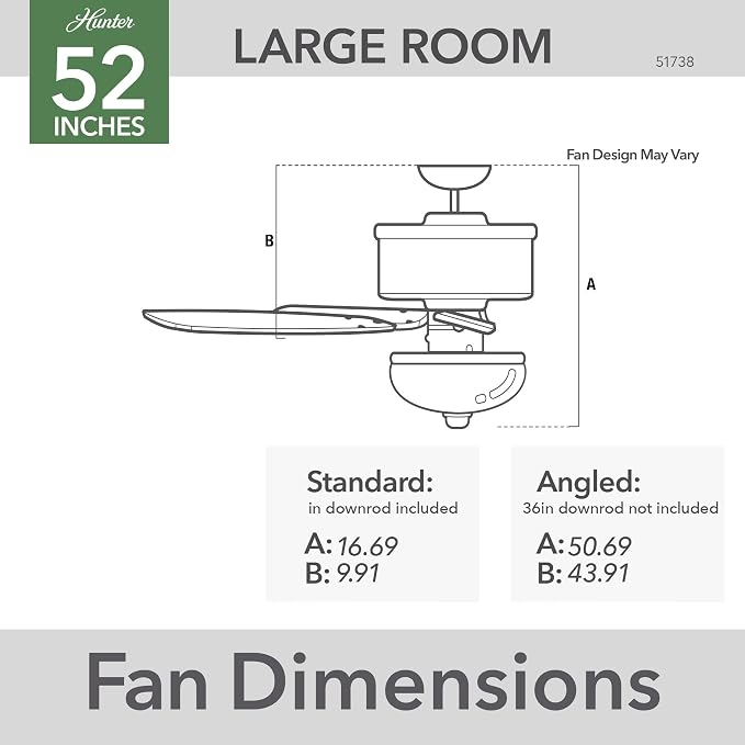 Hunter Swanson, Indoor, Ceiling Fan, with LED Light, 52 inch, Matte Black | Standard Mount, Pull Chain, 5 Blades, For Bedroom, Living Room, Kitchen, 51738