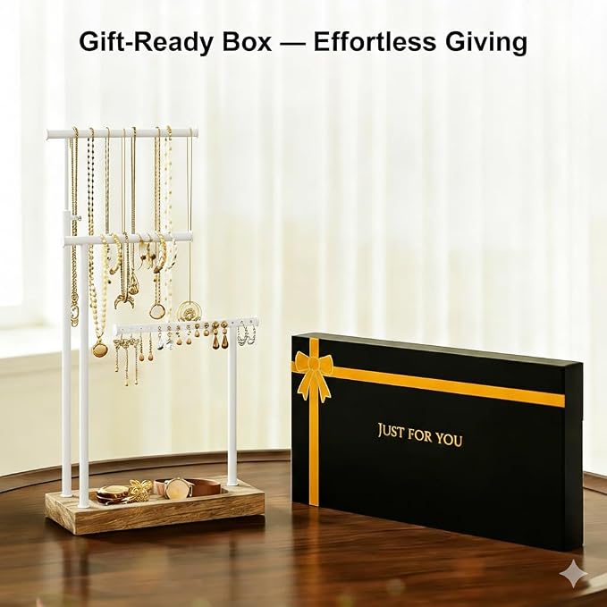 SRIWATANA Jewelry Organizer, Necklace Stand, Carbonized Black & White | 3-Tier Necklace Organizer with Wood Tray Base; Ample Storage for Long Necklaces, Earrings with Holes, and Rings