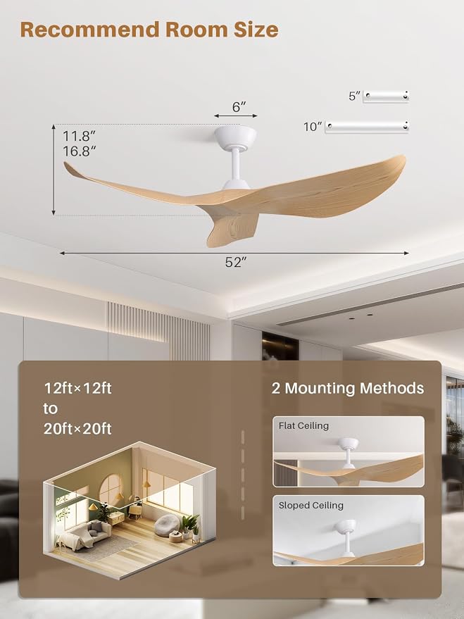 Sofucor 52 Inch Ceiling Fan No Light, Modern Ceiling Fan with Remote Control, Quiet Reversible DC Motor, 6-Speed Noiseless Indoor Ceiling Fan for Bedroom Living Room Covered Patio Porch