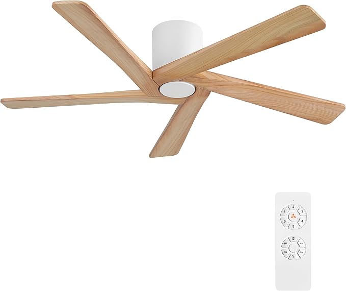 WINGBO 54 Inch Flush Mount DC Ceiling Fans without Lights, 5 Carved Solid Wood Blades, 6-Speed Reversible DC Motor, Low Profile Hugger Ceiling Fan No Lights for Indoor and Outdoor, White and Oak