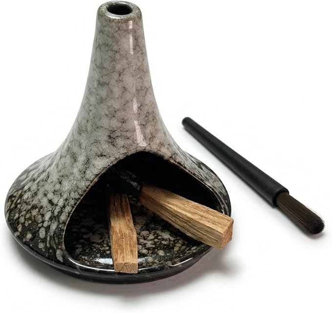 Ceramic Palo Santo Holder & Ash Catcher with Mini Chimney, Incense Holder & Sage Burner, Wabi-Sabi Home Decor for Meditation & Yoga (Ash Stone)