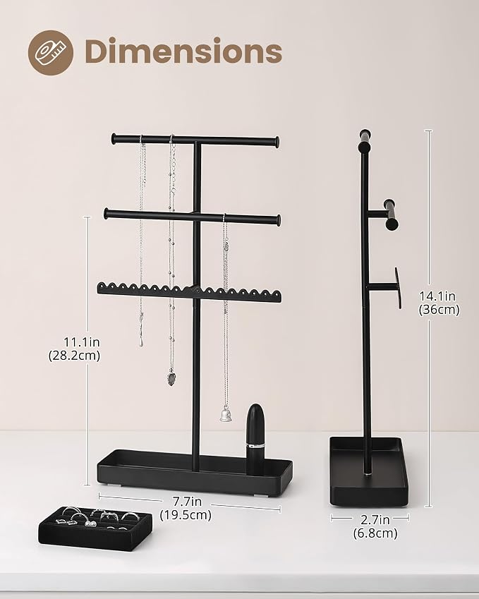 Lolalet 3-Tier Jewelry Organizer Stand, Metal Jewellery Holder, Dresser Display Rack for Necklace Earring Bracelets Rings, Gift for Women Girls -Black