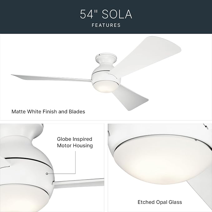 Kichler 330152MWH 54 Inch Sola Ceiling Fan LED, 3 Speed Wall Control Full Function, Matte White Finish with Matte White Blades