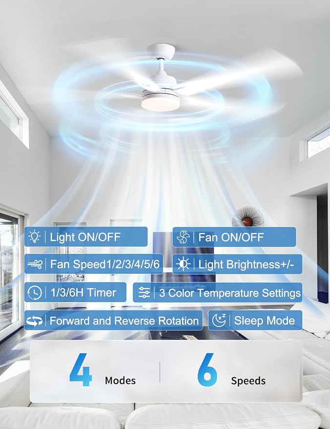 Rayqueen 60 Inch White Ceiling Fans with Lights and Remote,Includes Downrod | 6 Speed Reversible DC motor,3-color temperature dimmable LED.For indoor/covered outdoor.Modern style for bedroom room