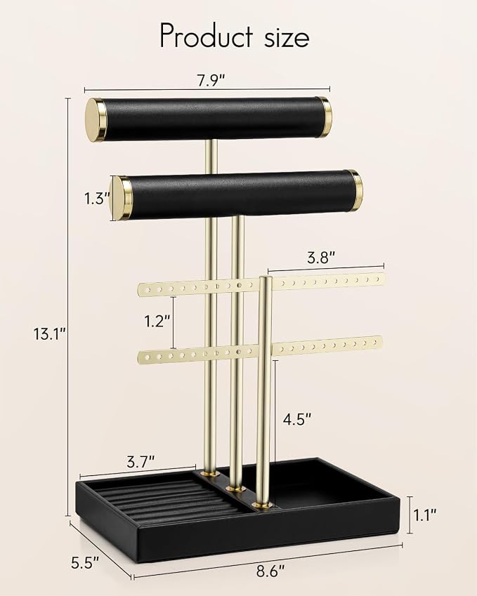 VLANDO 3 Tier Necklace Holder Organizer with Tray, Leather Bracelet Holder Display for Women, Gold Jewelry Stand for Bracelet, Necklace, Earrings, Rings - Black