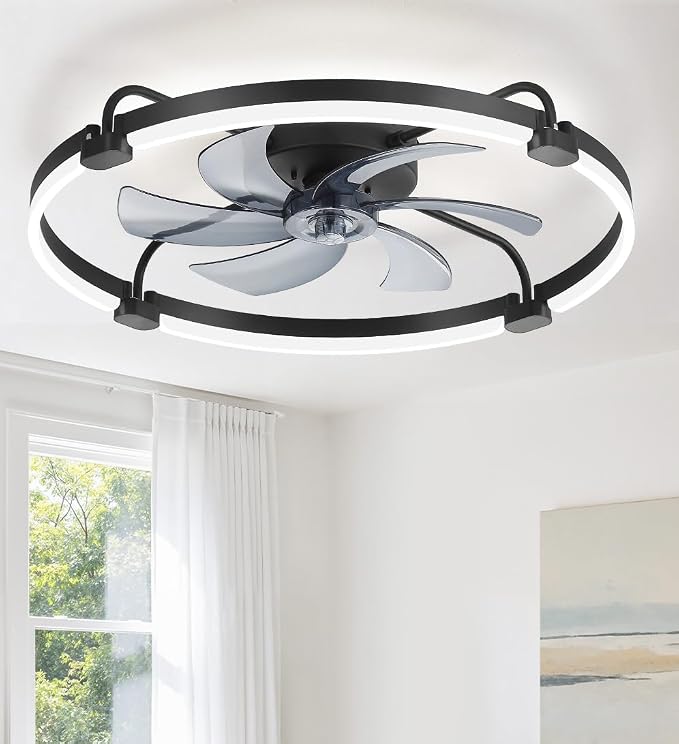 LEDIARY 26" Ceiling Fans with Lights and Remote, Low Profile,Large, Black | 3000K-6000K Stepless Dimmable Fandelier, Reversible DC Motor, Remote and APP Control, Bedroom Kitchen Living Room