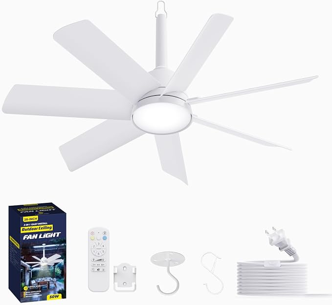 LANMEL Outdoor Gazebo Ceiling Fan with Light and Remote, 28 Inch, White | Plug-In, IP65 Waterproof, Hanging with Hook, 6 Speed, Reversible, 3CCT, Dimmable, Portable, for Patio, Canopy, Porch, RV