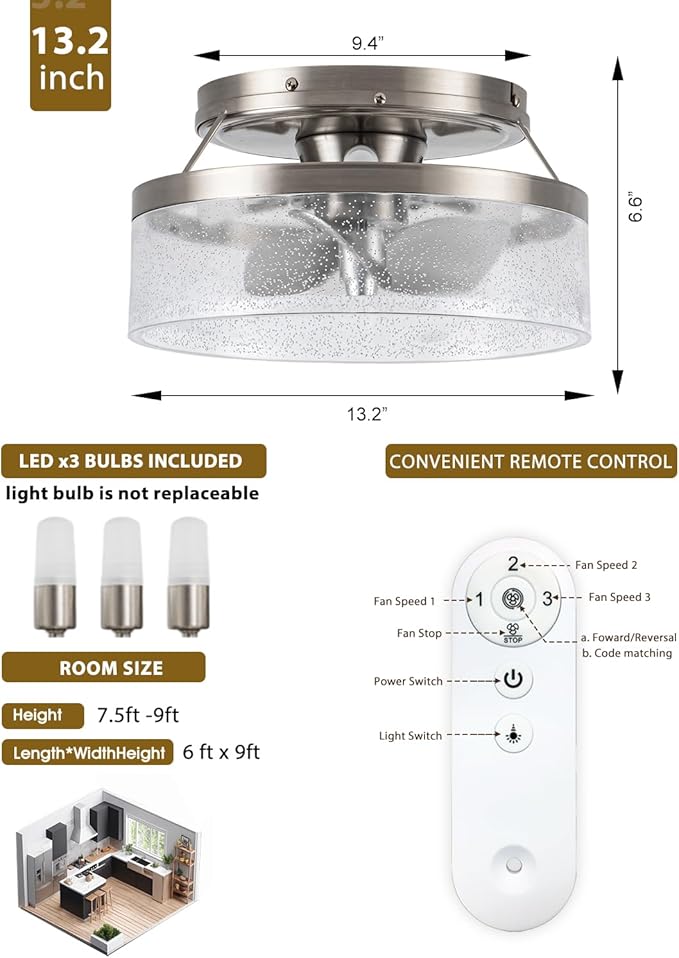 Low Profile Nickel Caged Ceiling Fan with Light and Remote, 13.2” Modern Flush Mount Ceiling Fan, DC Motor, Max 1100 RPM Silver Fandelier Ceiling Fans with LED Light for Bedroom Kitchen
