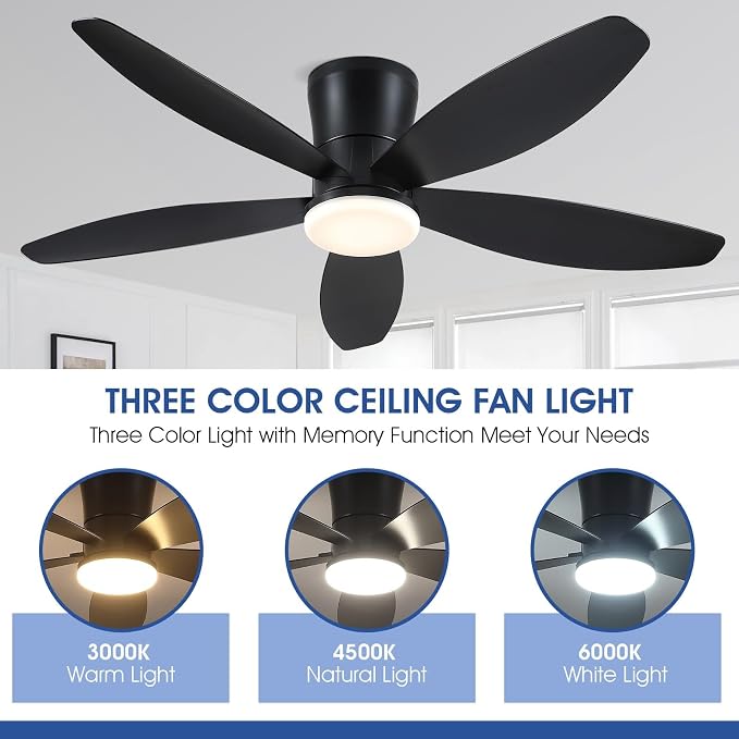 Surtime 48" Ceiling Fans with Lights-Low Profile Ceiling Fan with Light and Remote/APP Control, Black Flush Mount Ceiling Fans,DC Reversible,LED Dimmable