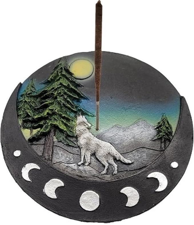 Wolf with Moons Incense Burner [Black - 4.5" W] - ID#68998