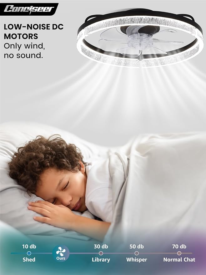 Conciseer 20 Inch Ceiling Fans with Lights and Remote, Flush Mount,3CCT 3000-6500K Dimmable 4W-35W, Low Profile 6 Speed Reversible Quiet DC Motor for Bedroom, Kids Room and Living Room, Black