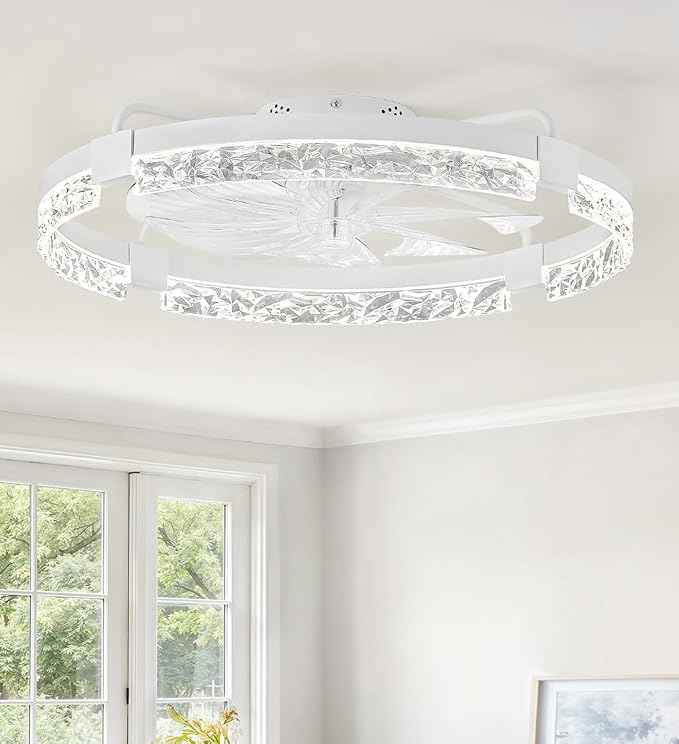 ZMISHIBO 24 Inch Flush Mount Ceiling Fan with Light, Bladeless Low Profile Enclosed Fan for Bedroom Kids Room, 6 Speeds Reversible DC Motor, 3CCT Dimmable Smart App Control