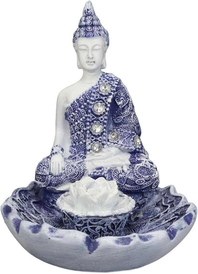 Ebros Gift Bhumisparsha Mudra Buddha Amitabha Meditating by Padma Lotus Flower Incense Holder Burner Figurine in Terracotta Blue and White 4.25" High Buddhist Eastern Enlightenment Feng Shui Decor