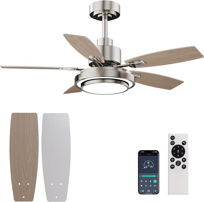 Ceiling Fans with Lights and Remote Control, 42 Inch Flush Mount Ceiling Fan with Quiet Reversible DC Motor, Dimmable LED Lighting, 6 Speeds, Timer, Nickel Ceiling Fan for Bedroom Living Room