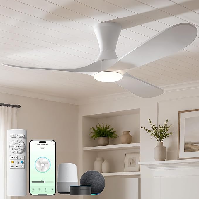 52 inch Smart White Ceiling Fans with Lights, Outdoor Flush Mount Low Profile Ceiling Fan with WIFI Alexa and App Remote Control, Quiet DC Motor, 3 Blades Wood Modern ceiling fan for Bedroom Patio