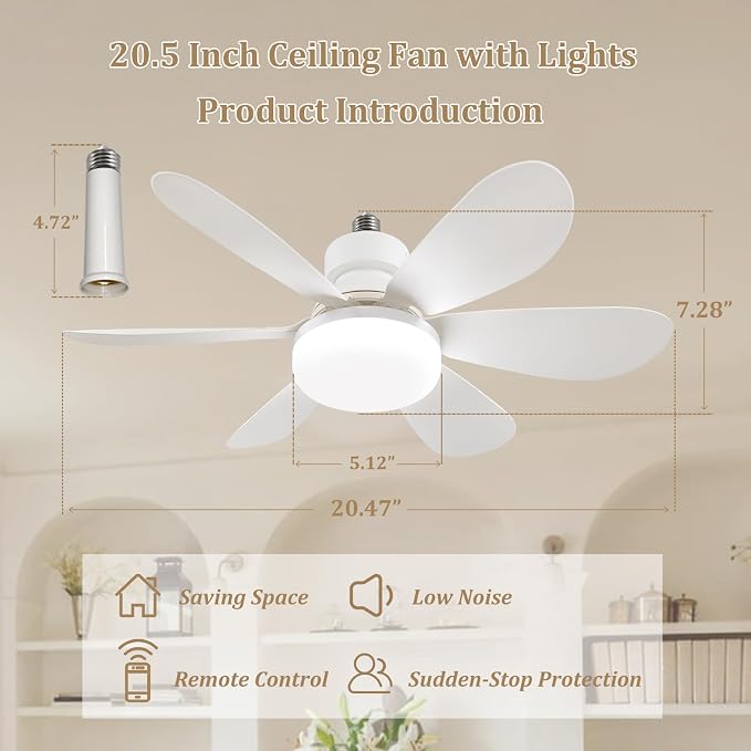 20.5"Socket Fan Light with Remote,E26 Base 40W/3000-6000K Dimming | Portable Small Screw in Ceiling Fan with Light Bulb for Bedroom,Kitchen,Garage,3Color Modes,1900LM 8-Level Dimming Brightness