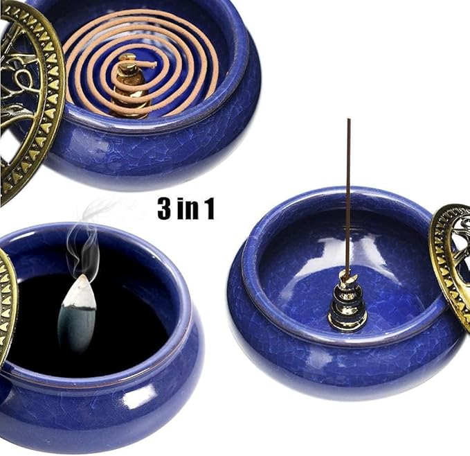 Incense Burner Bowl with Brass Lid + Incense Holder + Stand + Fire Mat for Stick or Tapered Disk Incense, for Home Decor Yoga Spa Meditation 4‘’ (Royal Blue)