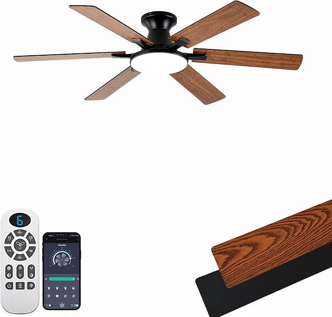 Ceiling Fans with Lights,54 Inch Low Profile Ceiling Fan with Light and Remote Control,6 Speeds/6 Blade,Flush Mount,LED Dimmable DC Reversible Modern, Brown Ceiling Fan for Bedroom/Living Room
