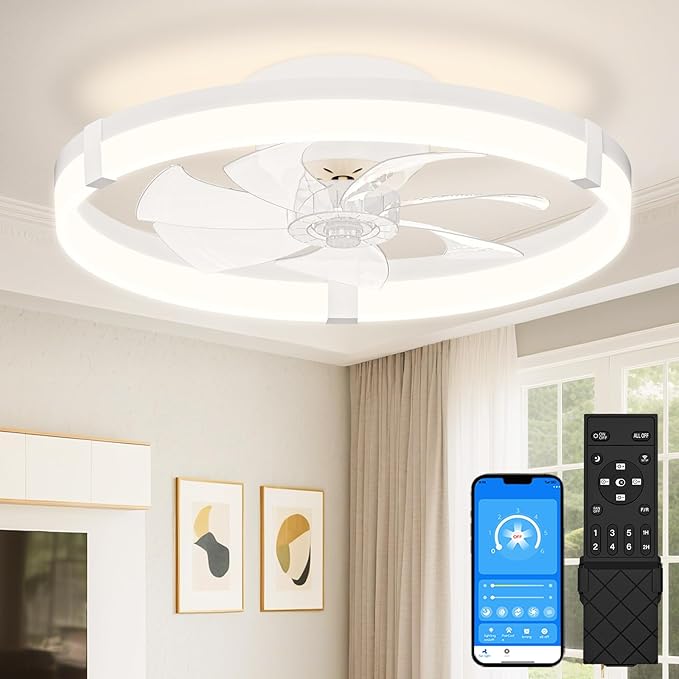 VOLISUN Low Profile Ceiling Fans with Lights and Remote, 20in Flush Mount Ceiling Fans with Light, 3000K-6500K Dimmable Fandelier Ceiling Fan, White Bladeless Ceiling Fan for Bedroom
