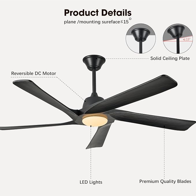 60 Inch Solid Wood Ceiling Fan with Light, Remote and APP Control, 3-color Dimmable, DC Motor, 6-speed Reversible, Farmhouse Ceiling Fans for Bedrooms, Outdoor Patios, Black
