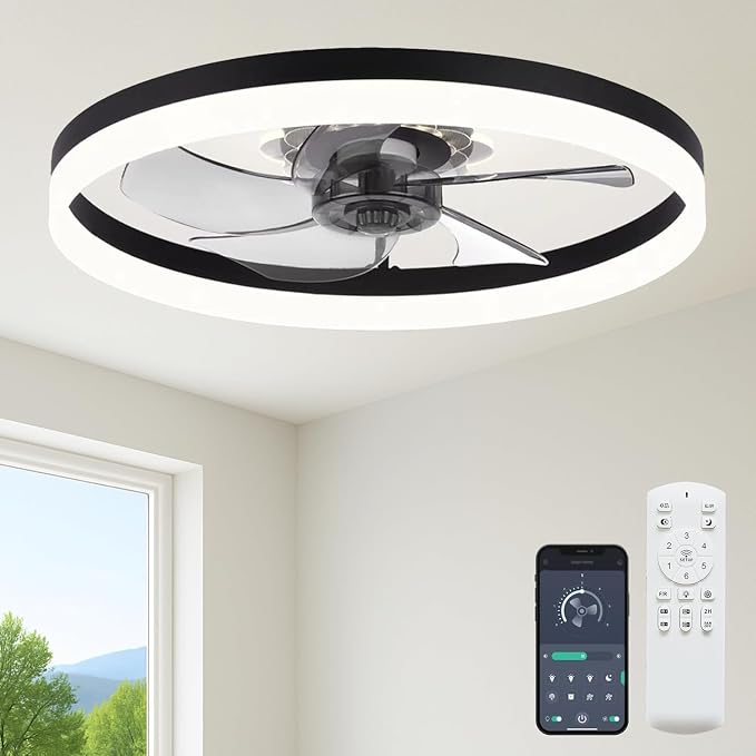 FSZDORJ 24'' Ceiling Fan with Light and Remote, Low Profile Ceiling Fan with Light, Dimmable Flush Mount Ceiling Fan Light, 6 Speeds Fan, App&Remote Control, Fandelier Quiet Fan for Bedroom F115 White