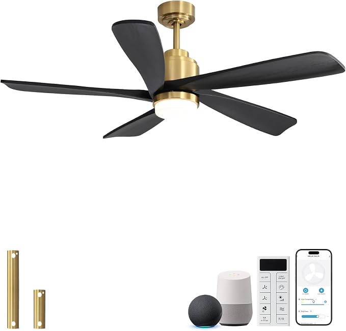 Sofucor Ceiling Fan with Lights and Remote, 52 Inch Modern Wood Ceiling Fan for Indoor Farmhouse Bedroom Living Room Outdoor Patio Porch (Gold+Black, 52 inch)