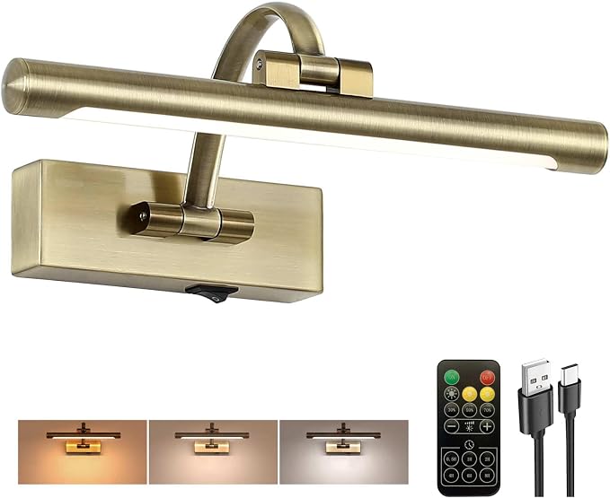 Tassuowell Wireless Picture Lights for Wall,12 Inch Battery Operated Picture Light,3CCT Dimmable Lights for Pictures on Wall with Timer and Remote for Display Photo Frame (Antique Bronze, 12inch)