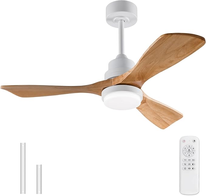42 Inch White Ceiling Fans with Lights and Remote,Dimmable LED Light,Quite Reversible DC Motor,Memory Function,Modern Solid Wood Indoor Outdoor Ceiling Fan with Light for Farmhouse Bedroom Patio