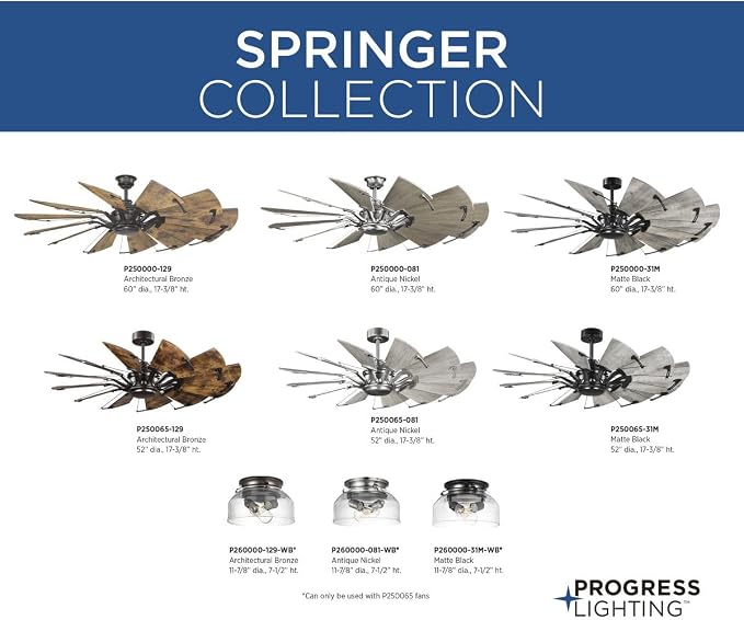 Progress Lighting Springer Collection DC Motor Farmhouse Windmill Ceiling Fan, Antique Nickel, 12-Blade (52" W x 17-3/8" H) P250065-081