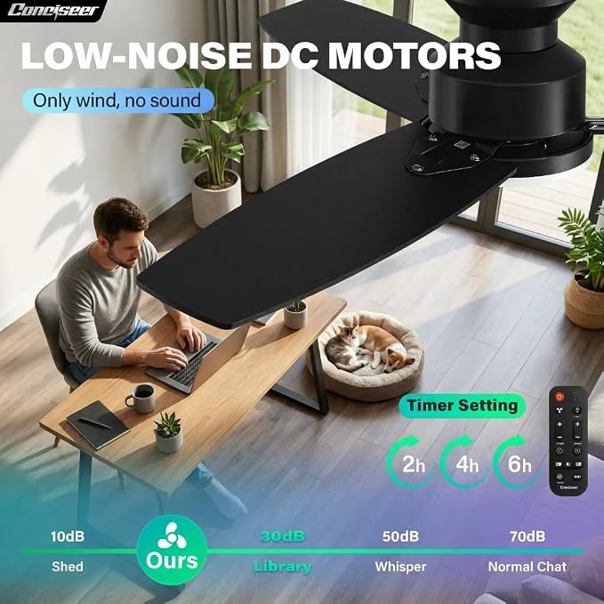 Conciseer Modern 42 Inch Ceiling Fans with Lights and Remote for Bedroom Office, Flush Mount, 18W 6CCT Dimmable, Dual Color 3 Blades 6 Speed FReversible Quiet DC Motor Black/Wood Grain