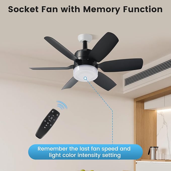 Fanspex 20.5'' Socket Ceiling Fan Light for Home Living Room Bedroom Garage | 5 Fan Speeds with 3 Colors Adjustable Light, 8 Hours Timer, Black