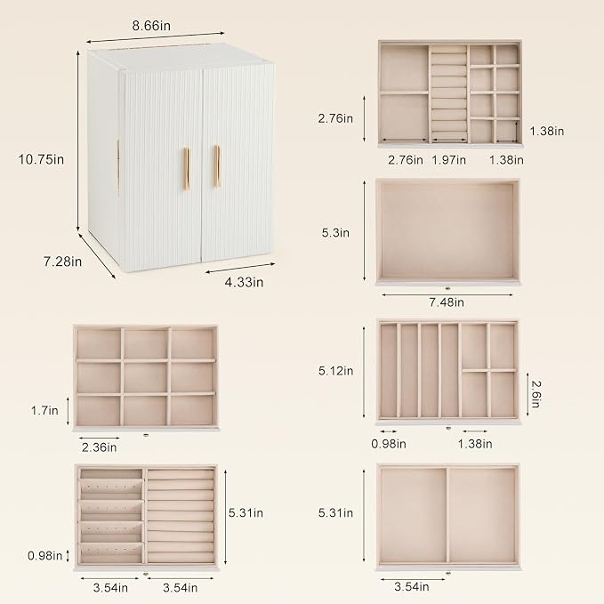 Dajasan Large Jewelry Organizer Box, 6-Tier Jewelry Storage Case with 5 Drawers, Jewelry Boxes for Women Girls with Mirror, Double Door, Textured PU Leather, Gift Idea, Stylish (White + Gold)