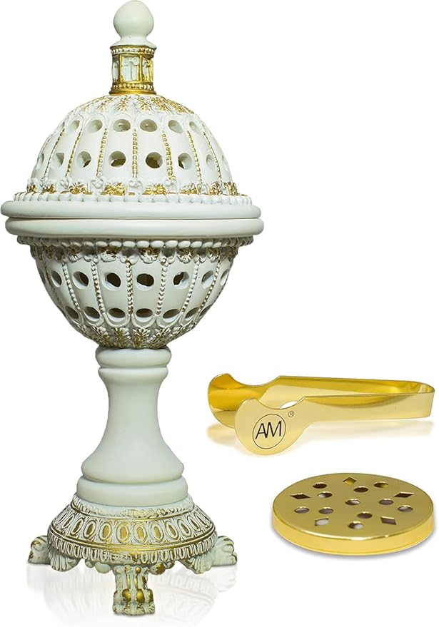 AM Lux Globe Incense Burner - Bakhoor Cone Holders | Frankincense Burner Charcoal | Mabkhara | for Office & Spiritual Decor (White)