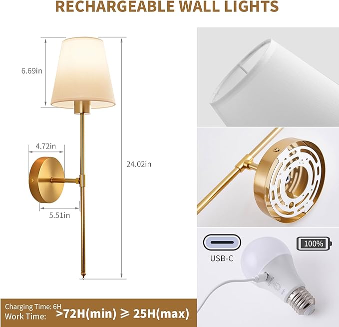 Battery Operated Wall Sconce Set of 2, Gold Rechargeable Wireless Wall Lights with Remote - Dimmable RGB LED Bulbs, 13 Color Options, Cordless Wall Lamps for Bedroom, Living Room, Hallway Decor