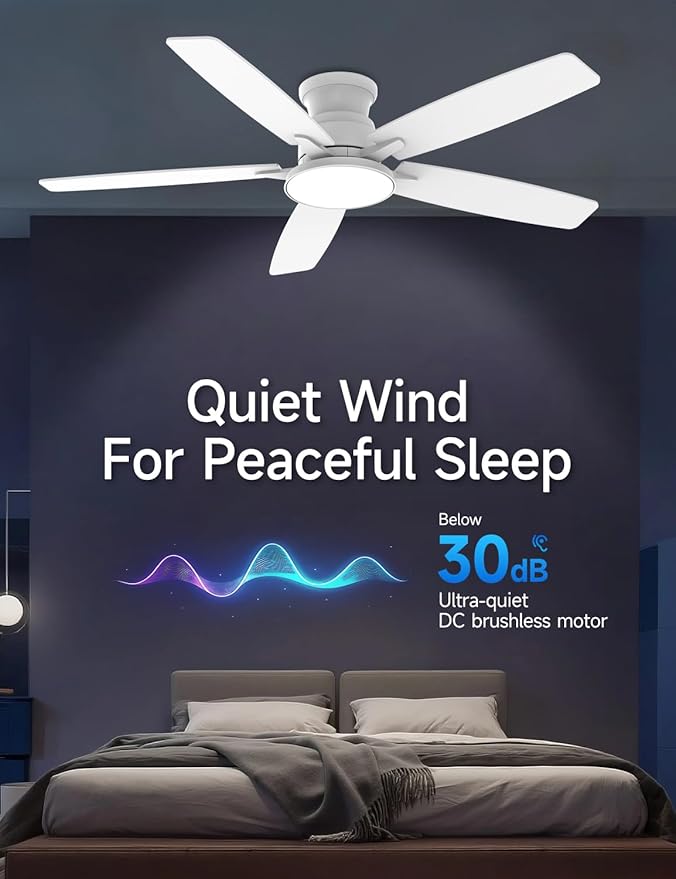 Flush Mount Ceiling Fan with Light, 52 Inch, Remote Control, 3CCT Dimmable LED, 6-Speed Silent Reversible DC Motor, Low Profile Hugger Ceiling Fan for Indoor/Outdoor 90-264V 50/60Hz Fresh White