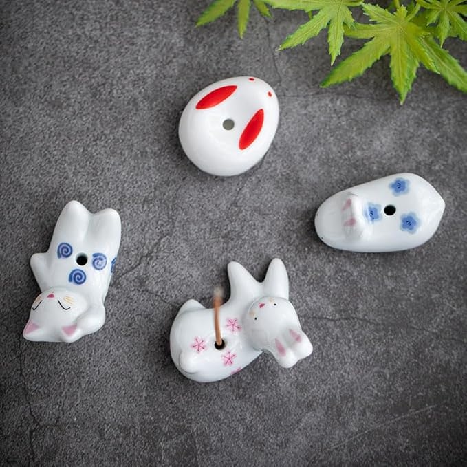 Opexicos 4Pcs Rabbit Cat Ceramic Incense Holder Cute White Animals Incense Sticker Holder Fun Home Decorative Ornaments for Home Room Decoration Yoga Spa Meditation