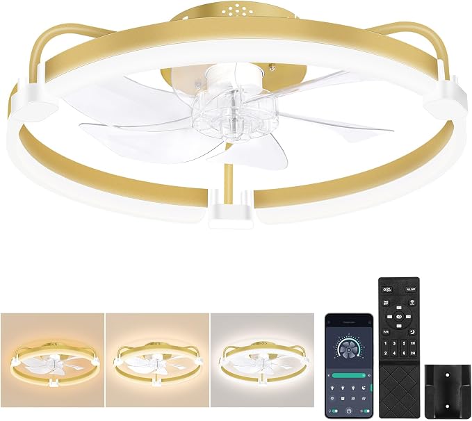 OUTON 20" Ceiling Fan with Light, Remote & App Control, Fandelier Low Profile Flush Mount Ceiling Fan with 3000K-6500K Stepless Dimmable, 6 Speed, Quiet DC Motor, Small Modern Ceiling Fans for Bedroom