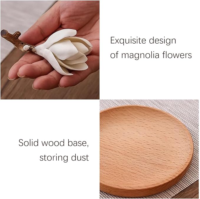 WAYUTO Vivid Magnolia Flower Incense Holder with Wood Tray Ceramic Incense Burner Decorative Incense Stick Burner Ash Catcher for Home Decoration