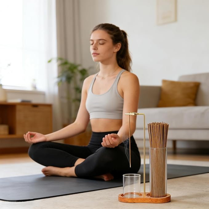 Wooden Incense Holder with Detachable Glass Ash Catcher, 2-in-1 Anti-Ash Burner for Sticks with Storage Base, Wood Meditation Yoga Spa Room Decor Home Altar Gift, Brown