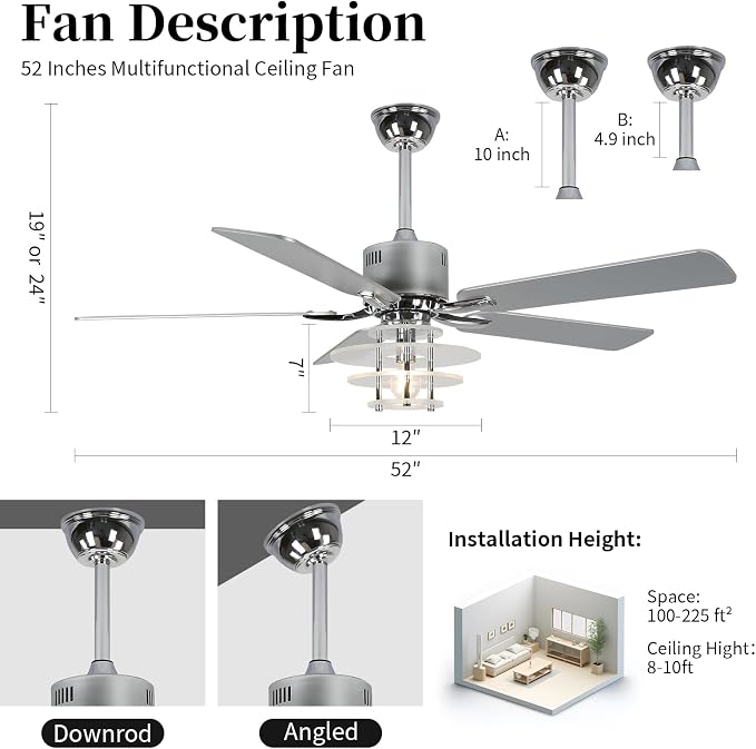 52" Ceiling Fan with Light Modern Chrome Chandelier Fan Reversible DC Motor Quiet Fandelier with 5 Blades for Bedroom, Living Room, Patios, Shop, Ventilador de Techo